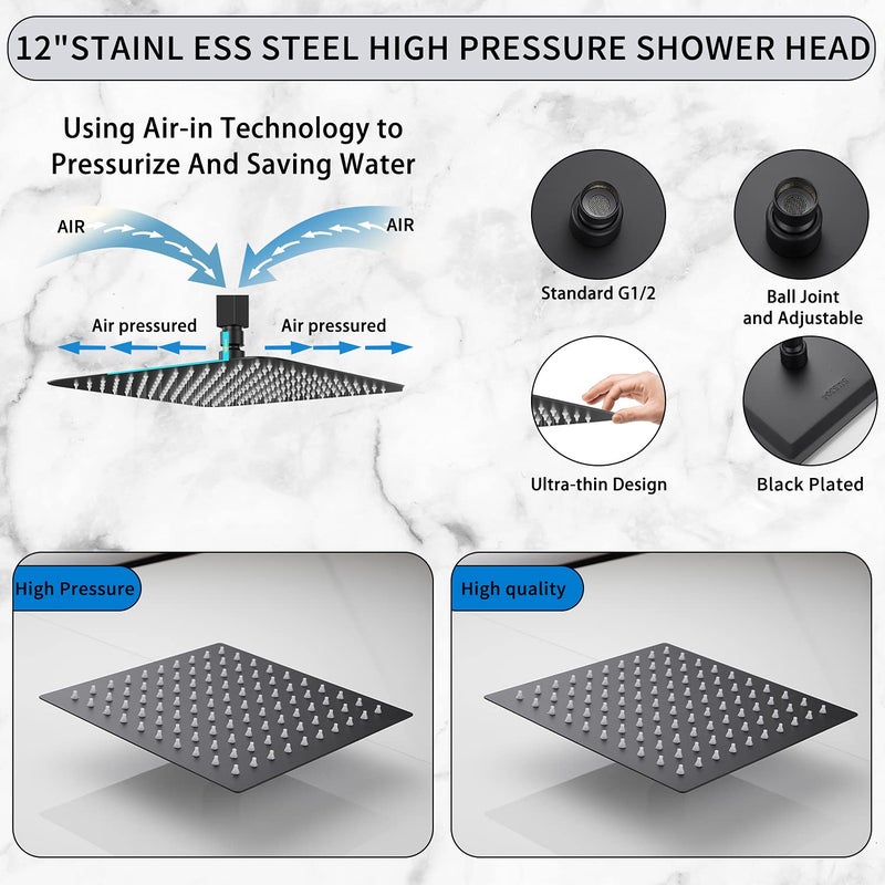 GGStudy High Pressure Square Shower Head 12 Inches Large Stainless Steel Shower Heads,Ultra Thin Rainfall Bath Shower 1/2 Connection Oil Rubbed Bronze Black Shower Head - Image 4